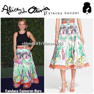 Alice + Olivia “Merritt” Lola Lady print pleated midi flare skirt 8 NWT